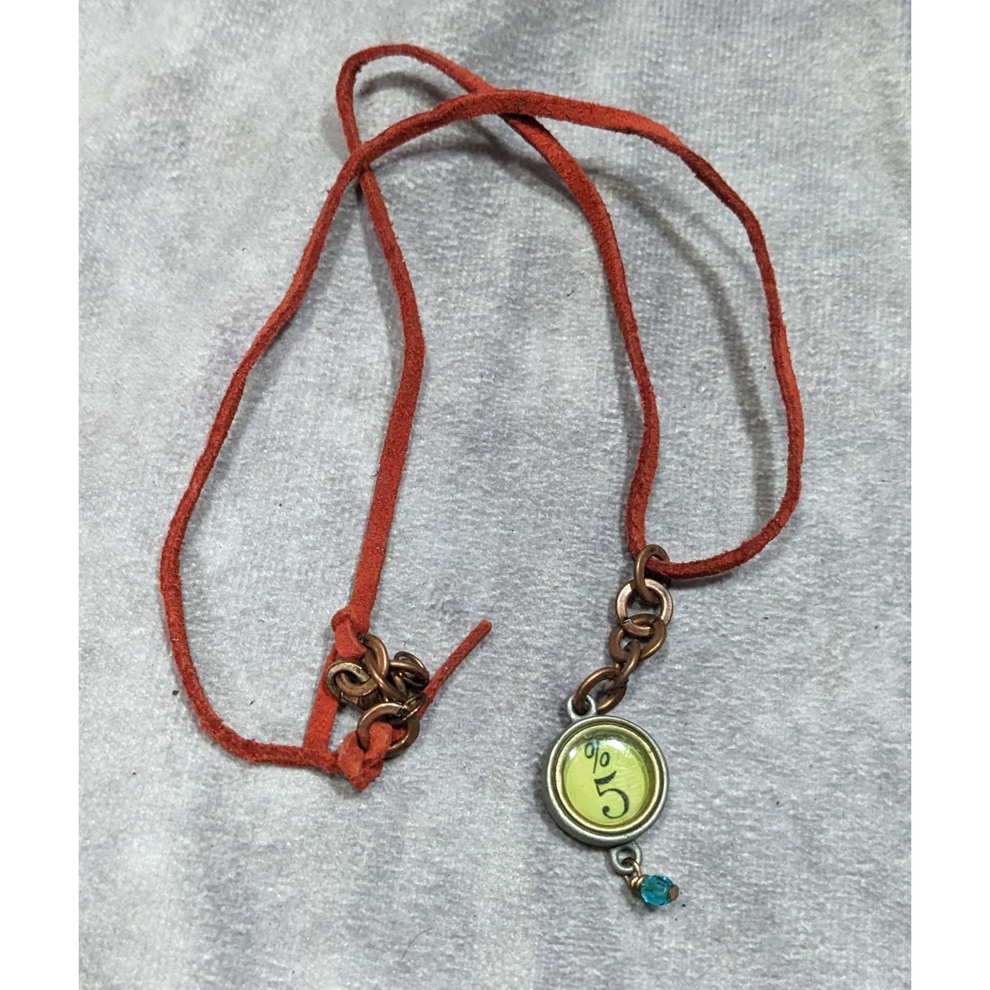 Handmade Handcrafted Steampunk Red Suede Necklace With %5 Green Charm Size ONE SIZE - 5 Thumbnail