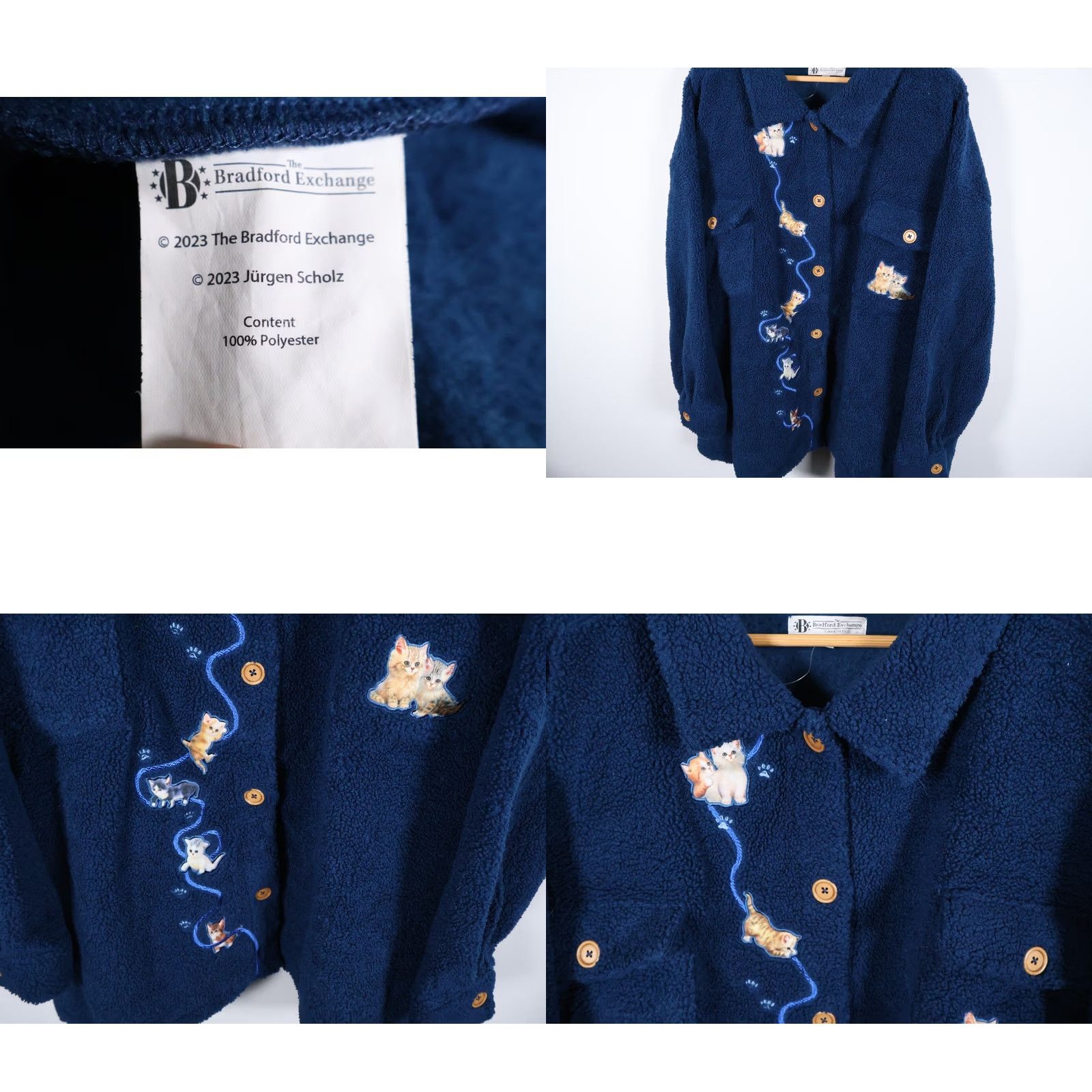 Vintage Bradford Exchange Women's Jacket 2X Blue Fleece Jurgen Scholz Cats Kitten Embroidered Unlined Pockets Button Front Regular Wool? Size XXL / US 16-18 / IT 52-54 - 8 Thumbnail