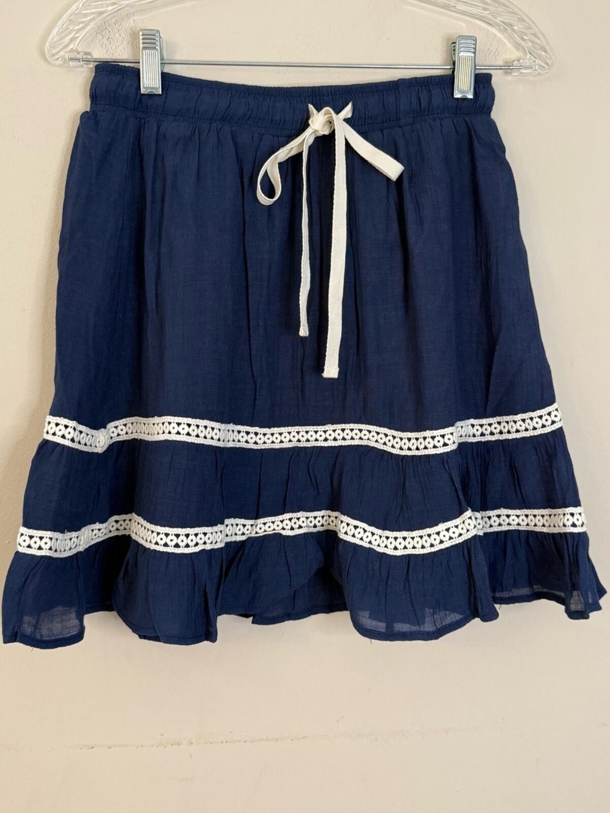 Other Umgee navy blue bohemian mini skirt white lace SZ SM Size 28" / US 6 / IT 42 - 1 Thumbnail