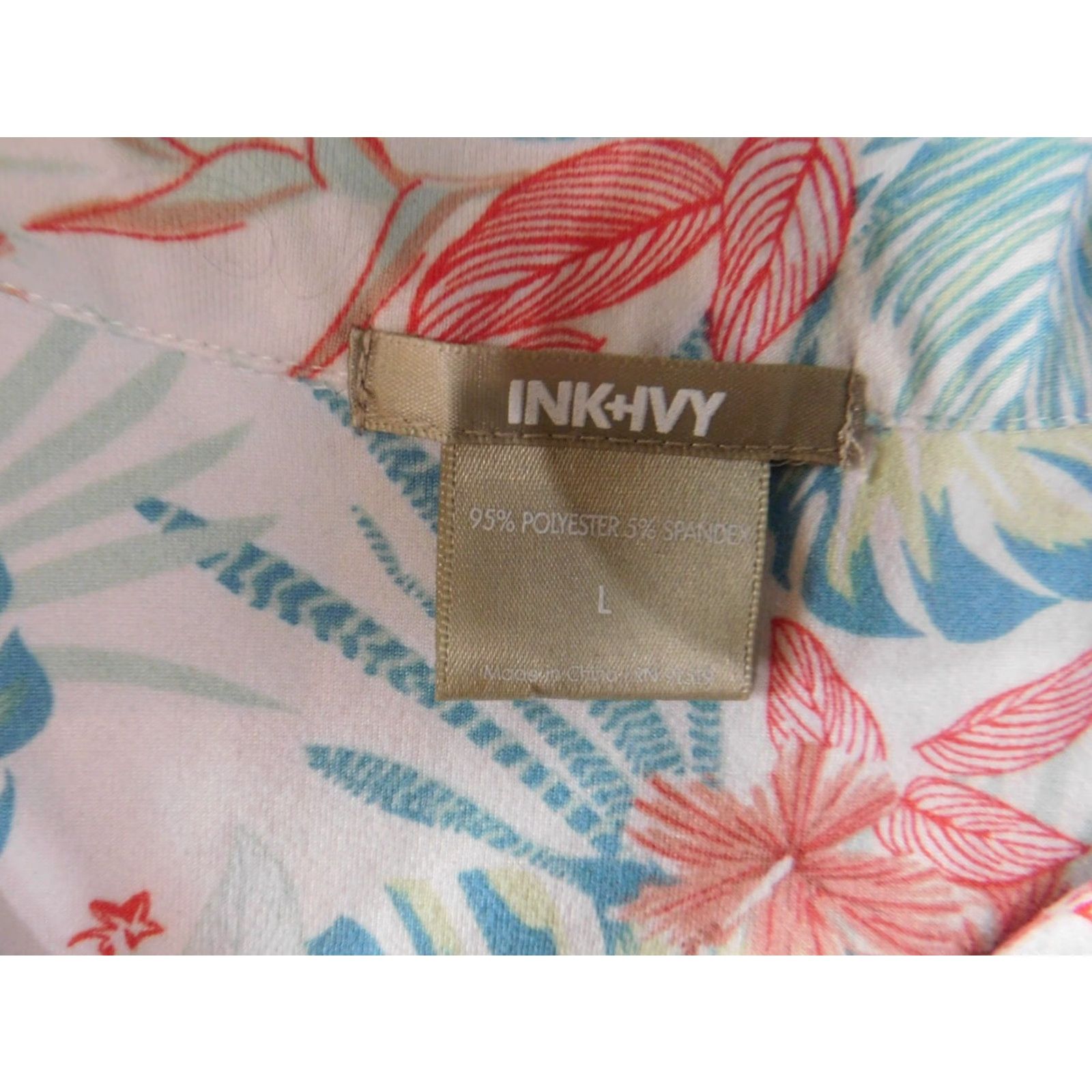 Vintage Ink + Ivy Womens Button-Up Shirt L Blue Floral Short Sleeve Collared Knit Polyester Spandex Stretch Casual Vintage? No (Vintage: No). Size L / US 10 / IT 46 - 6 Thumbnail