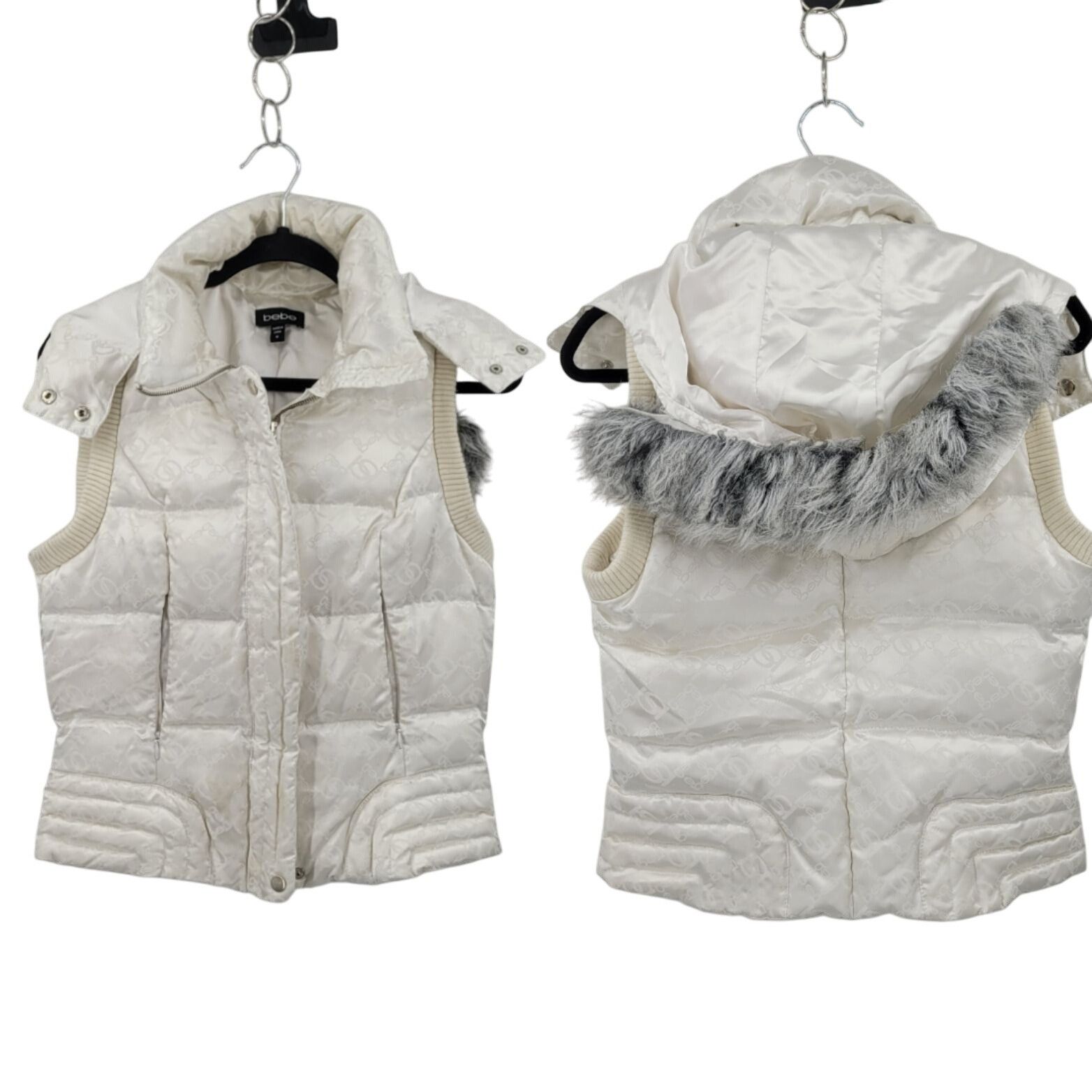 Bebe Y2K Bebe White Quilted Hooded Vest Faux Fur Trim M Logo Prin Size M / US 6-8 / IT 42-44 - 1 Thumbnail
