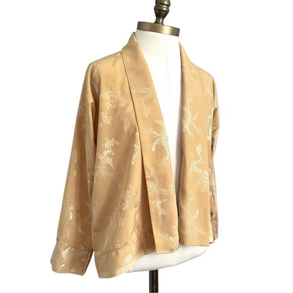 Handmade Vintage Beige Silky Brocade Open Kimono Robe Jacket - Small Size S / US 4 / IT 40 - 3 Thumbnail