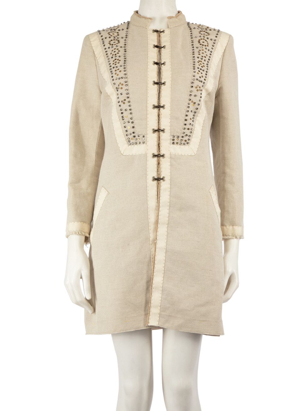 image of Chloe Ecru Sequin Embellished Mid Length Coat, Women's (Size Medium)
