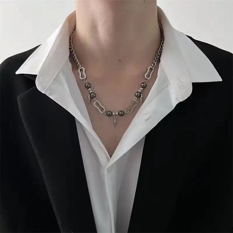 Jewelry × Vintage Dark Rivet Splicing Stainles Steel Bead Cuban Chain Necklace Size ONE SIZE - 2 Thumbnail