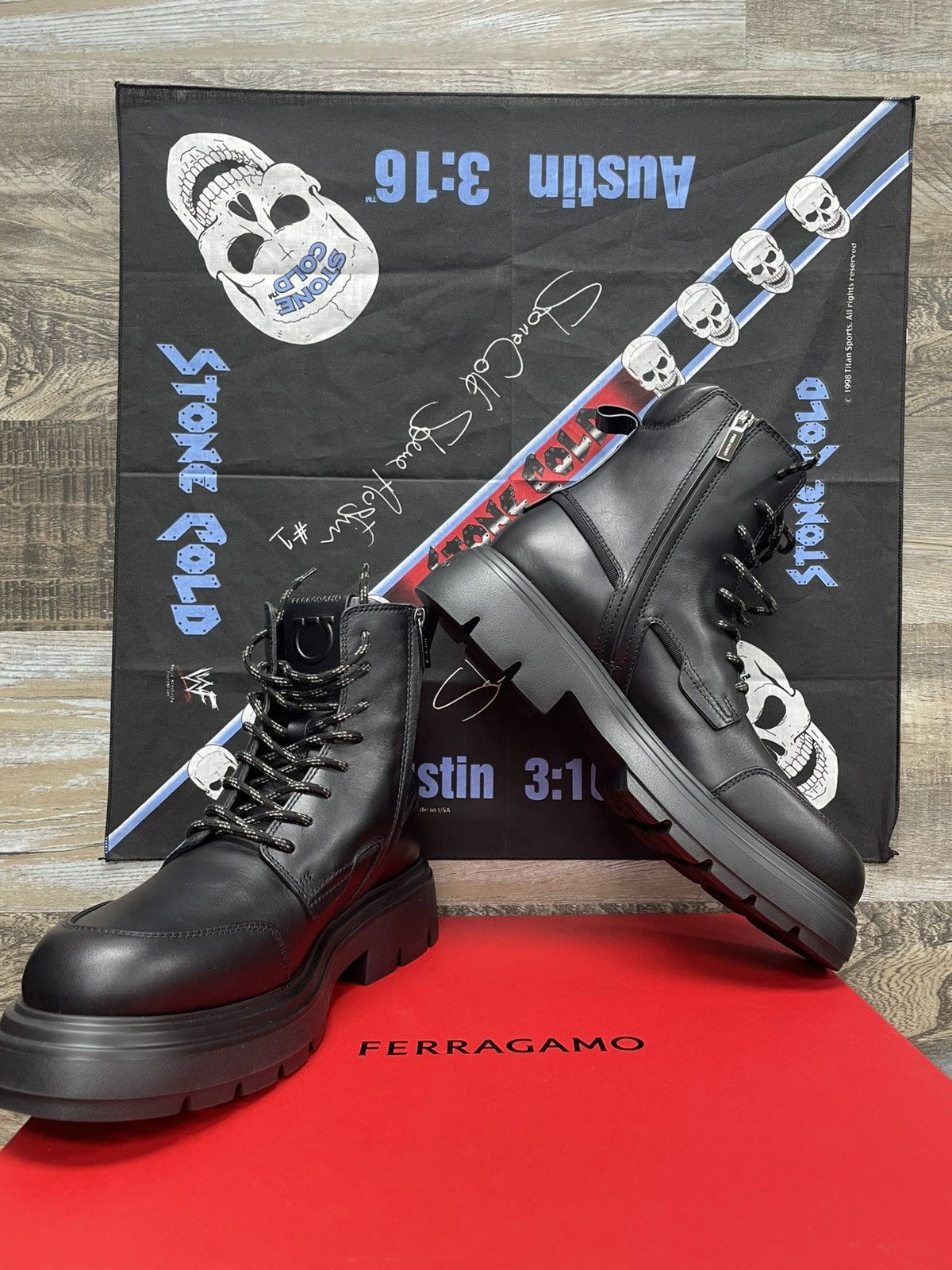 Salvatore Ferragamo Salvatore Ferragamo Men’s Black Maxi-Tongue Combat Boots 10 Size US 10.5 / EU 43-44 - 2 Thumbnail