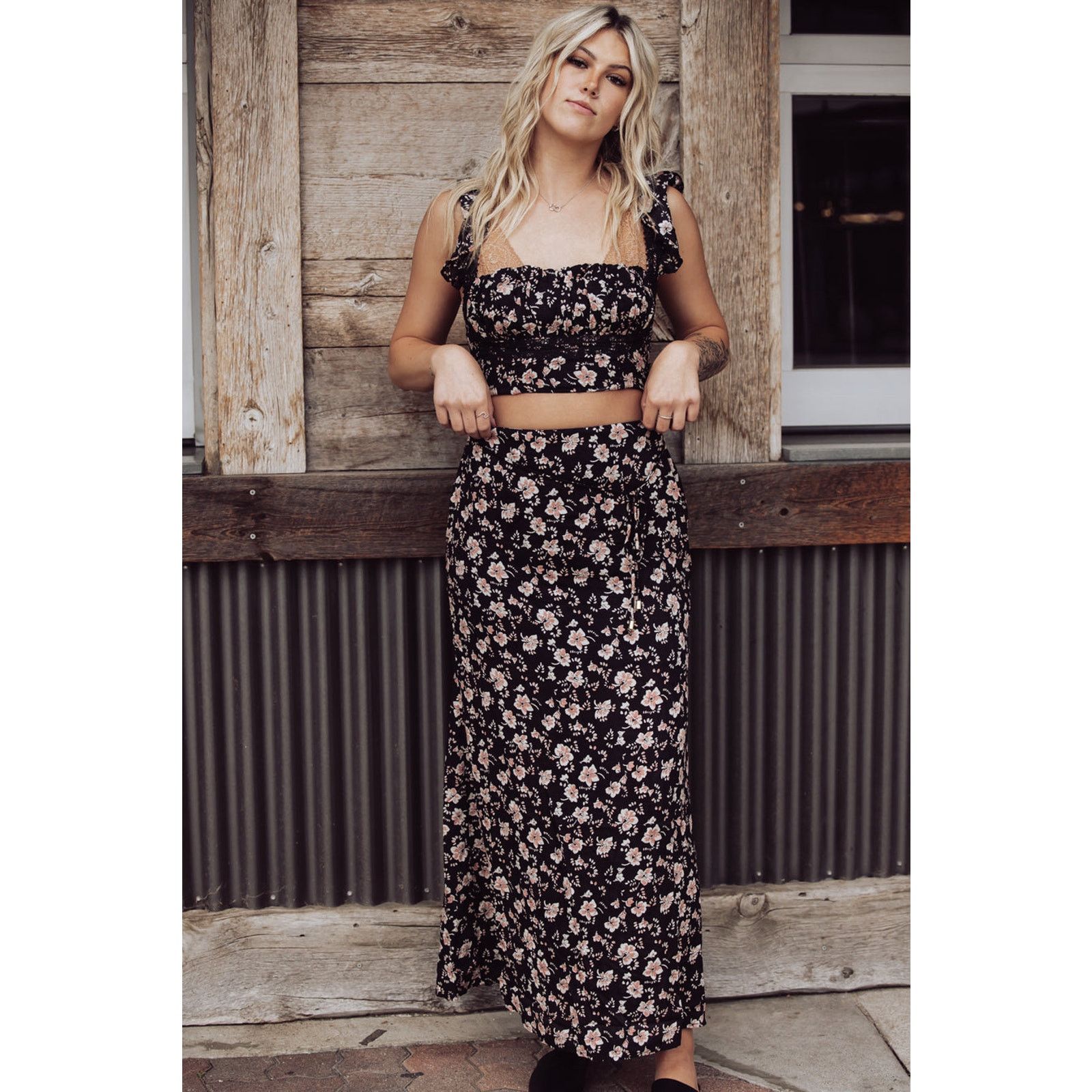 Free People New Bijou Smocked Top and Maxi Skirt Set $128 Sz 4 Floral Size 27" / US 4 / IT 40 - 1 Thumbnail