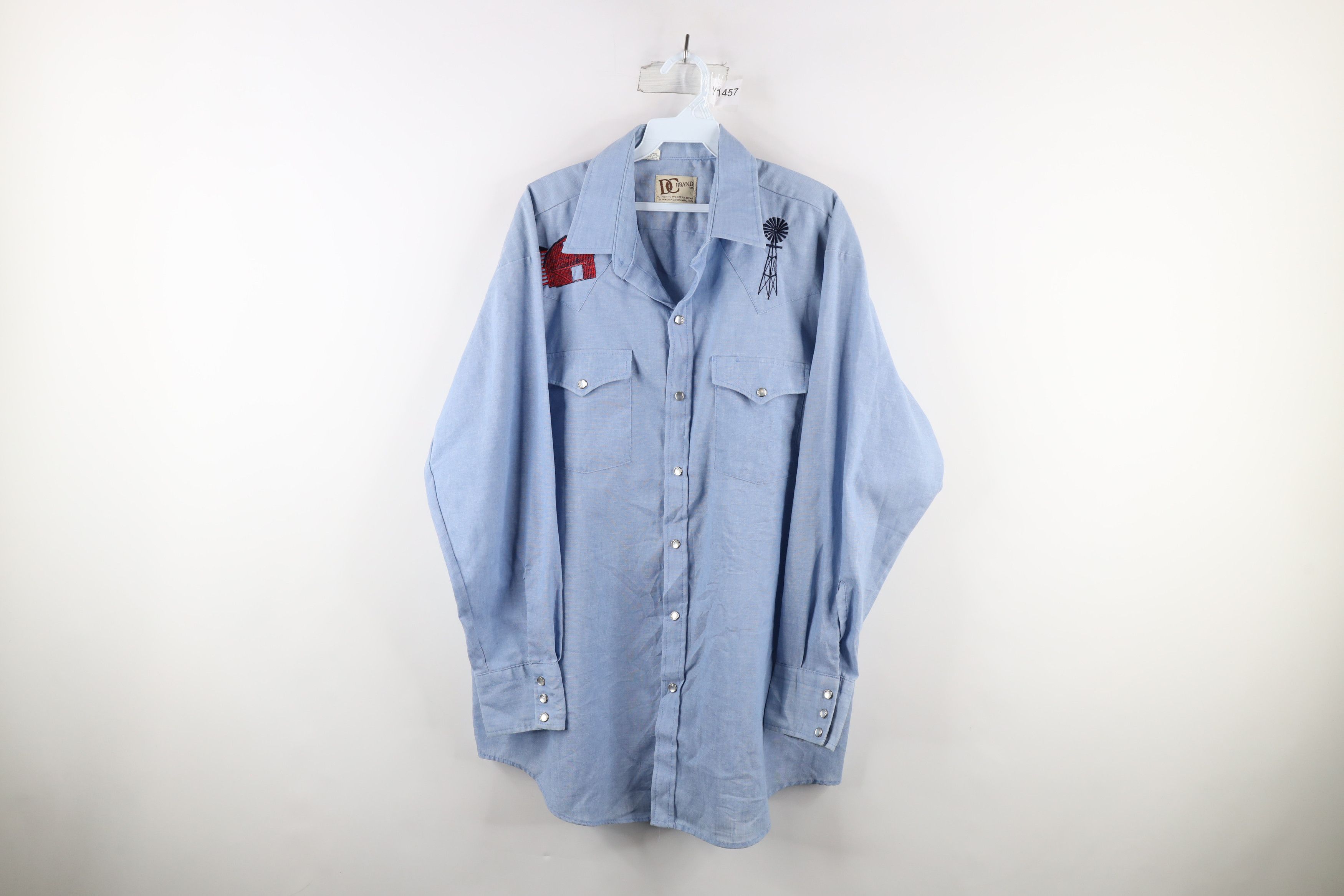 image of Vintage 70's Embroidered Farmer Snap Button Shirt Blue Usa, Men's (Size XL)