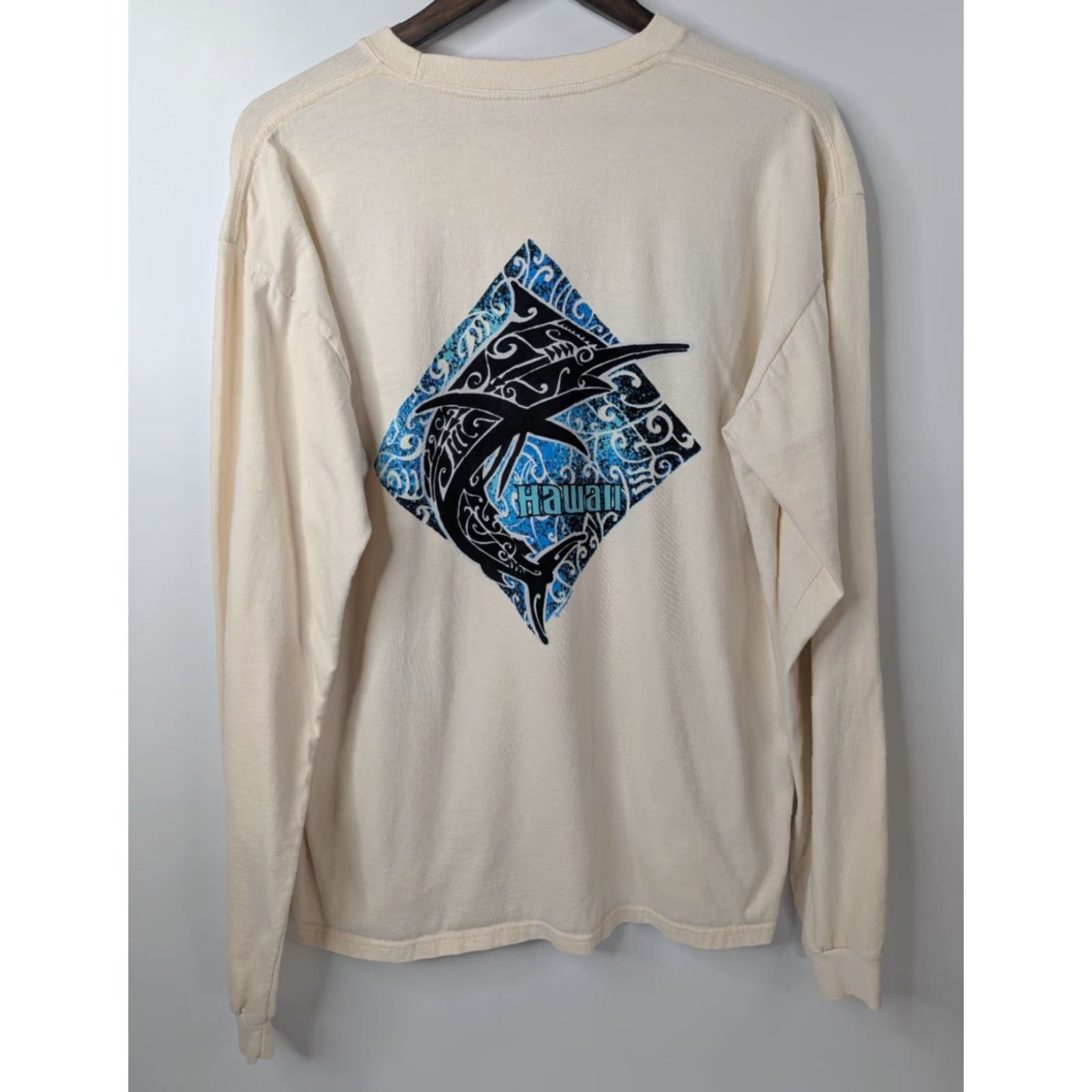 Vintage VINTAGE Crazy Shirts Marlin Fish Mens L Beige Coconut Dyed Tribal Hawaii Long Sleeve Tee Size US L / EU 52-54 / 3 - 3 Thumbnail