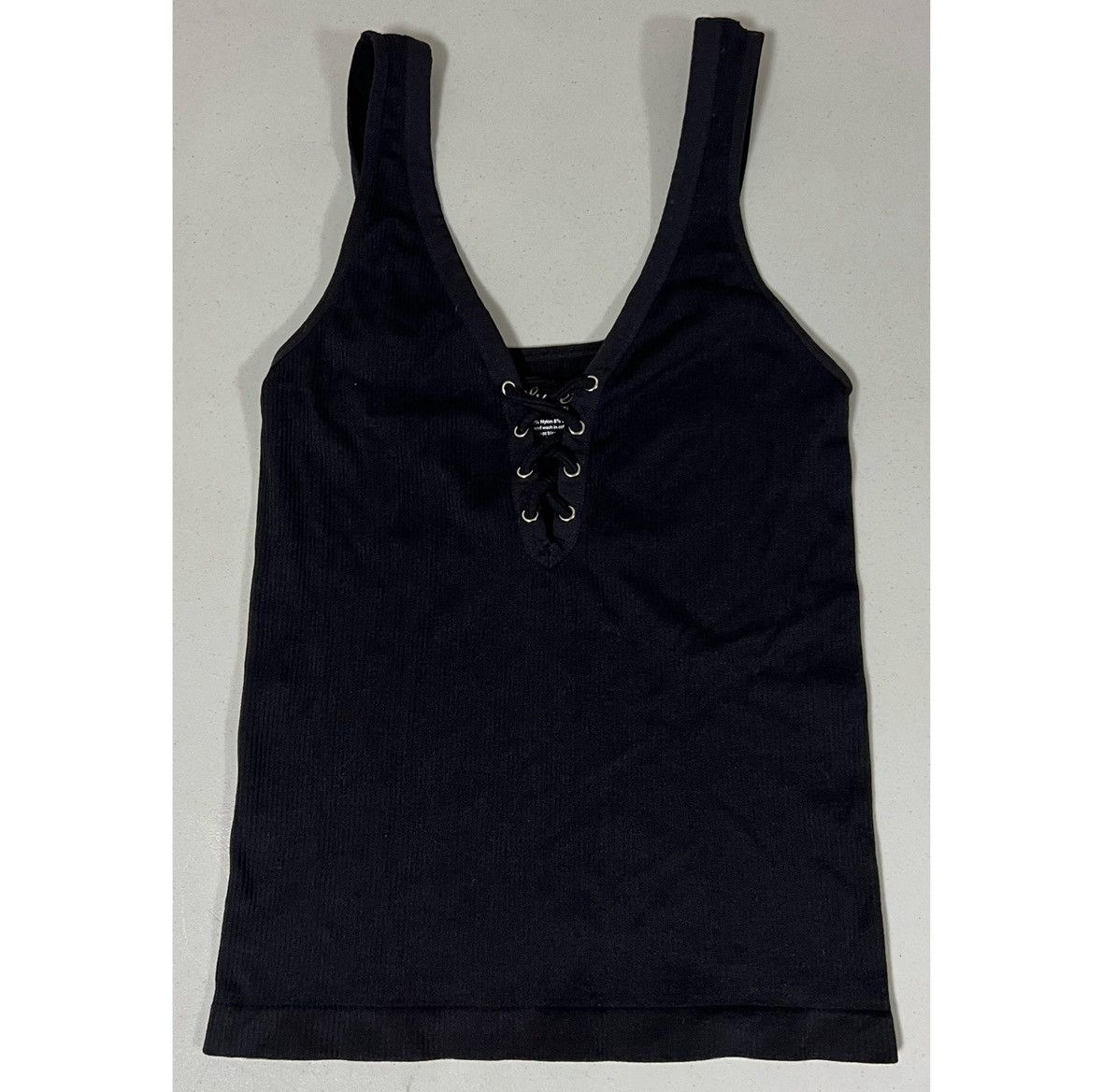 Vintage Suzette Black Tie-Up Spandex Camisole Tank Top Shirt O/S 🖤 Size ONE SIZE - 1 Thumbnail