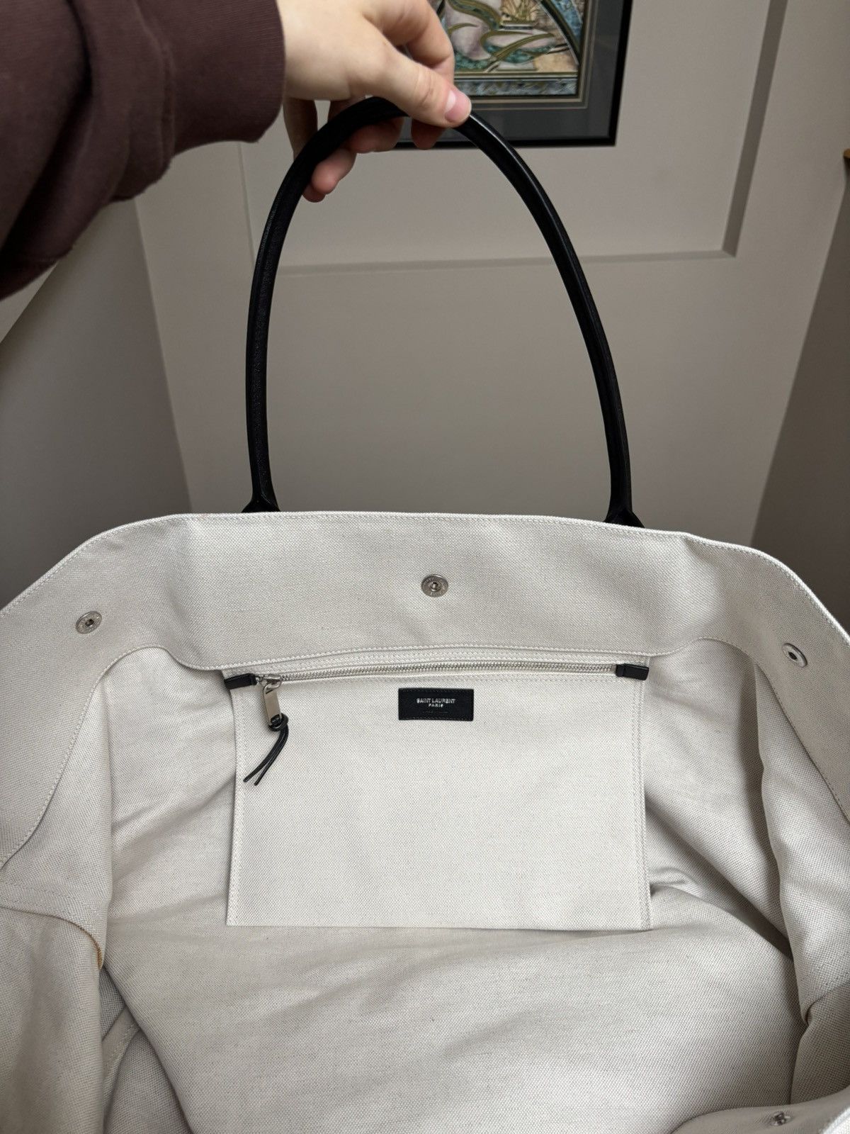 Saint Laurent Paris Saint Laurent Cream/Black Leather Rive Gauche XL Tote Bag Size ONE SIZE - 5 Thumbnail