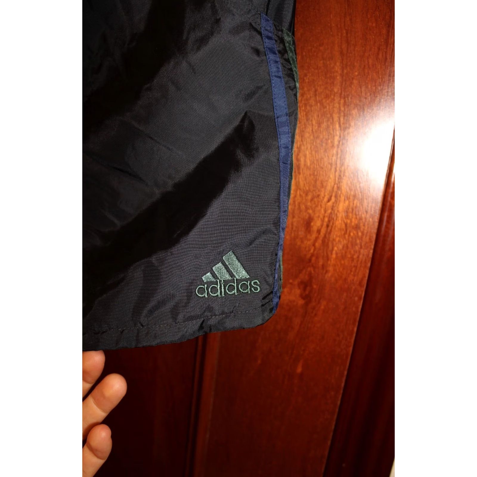 Adidas VINTAGE Adidas black+green/blue stripes Nylon Running shorts S Mens 1990s Size US 29 - 3 Thumbnail