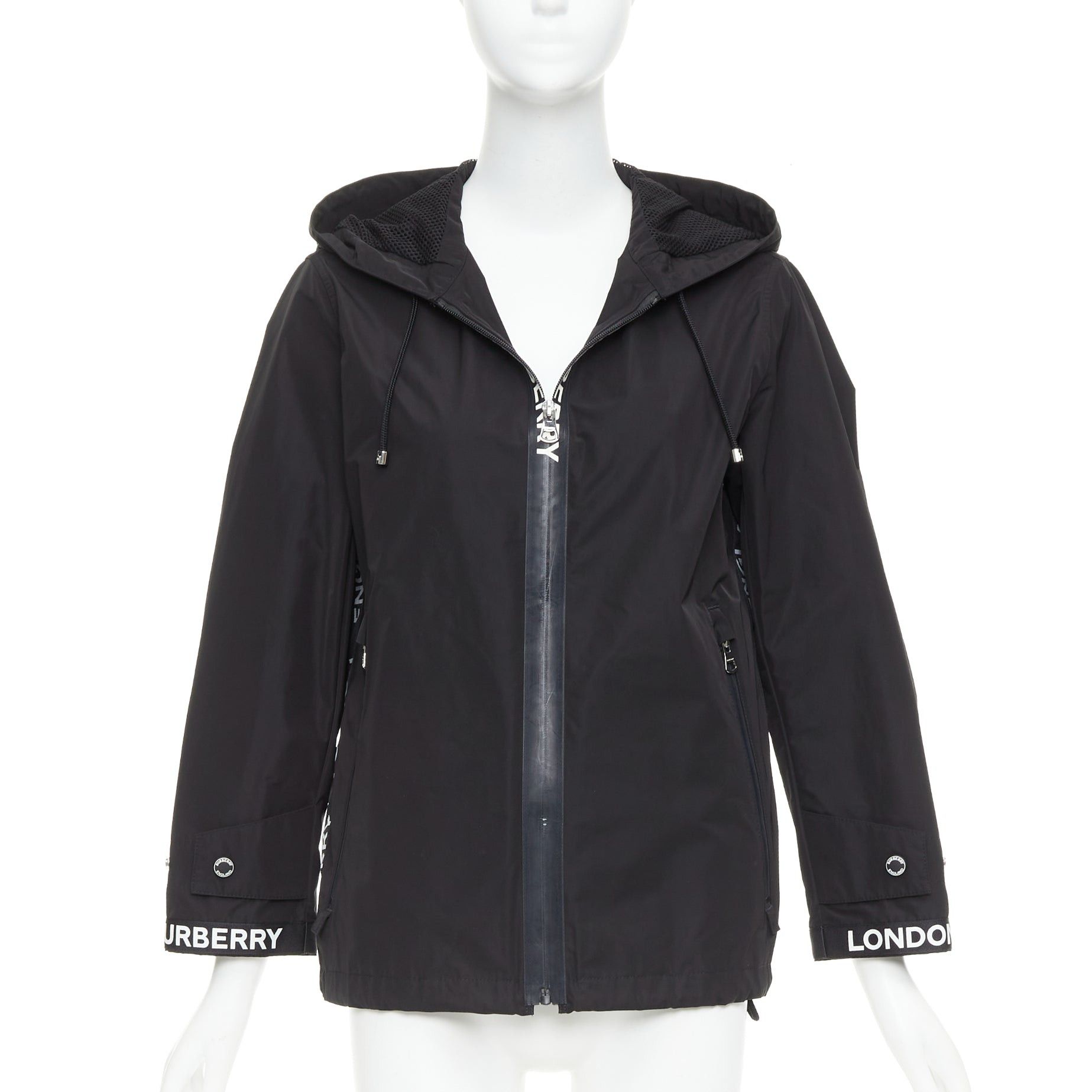 Burberry BURBERRY black nylon logo trim hooded windbreaker jacket IT34 XXS Size S / US 4 / IT 40 - 1 Thumbnail