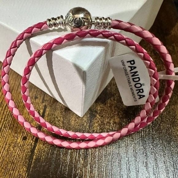 pandora Authentic Pandora , SZ 19CM, Pink Double Wrap Leather Bracel Size ONE SIZE - 3 Thumbnail