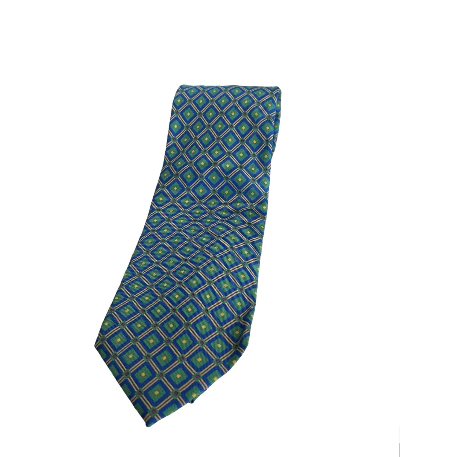 Vintage CHARLES HILL Made In England Emerald Green Blue Diamond Motif Tie DESIGNER Size ONE SIZE - 2 Thumbnail