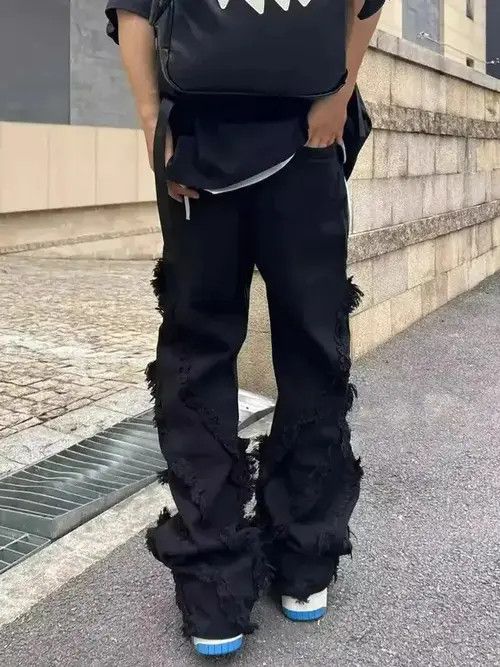 Japanese Brand Black Color Pants with raw edges loose trousers Size US 31 - 3 Thumbnail