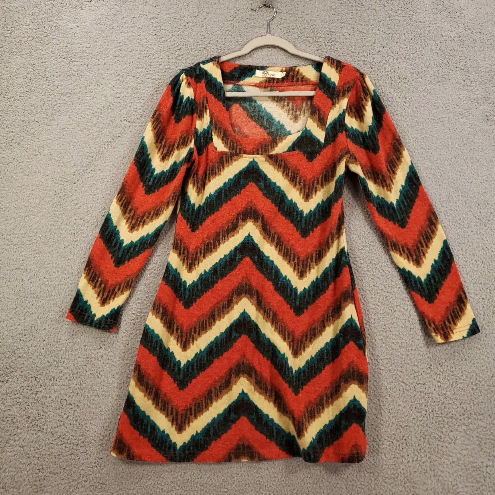 Anthropologie Aryeh Dress Womens L Boho Chevron Orange Blue Mini Short Shift Sweater Knit Geometric Casual Size 36" / US 14 / IT 50 - 2 Thumbnail