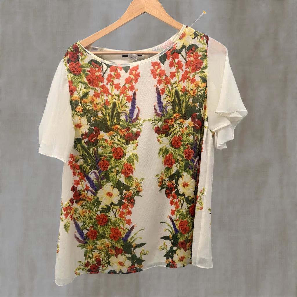 Gildan Jennie & Marlis Blouse Women L White Floral Lined Short Sleeve Pullover Casual Size L / US 10 / IT 46 - 1 Thumbnail