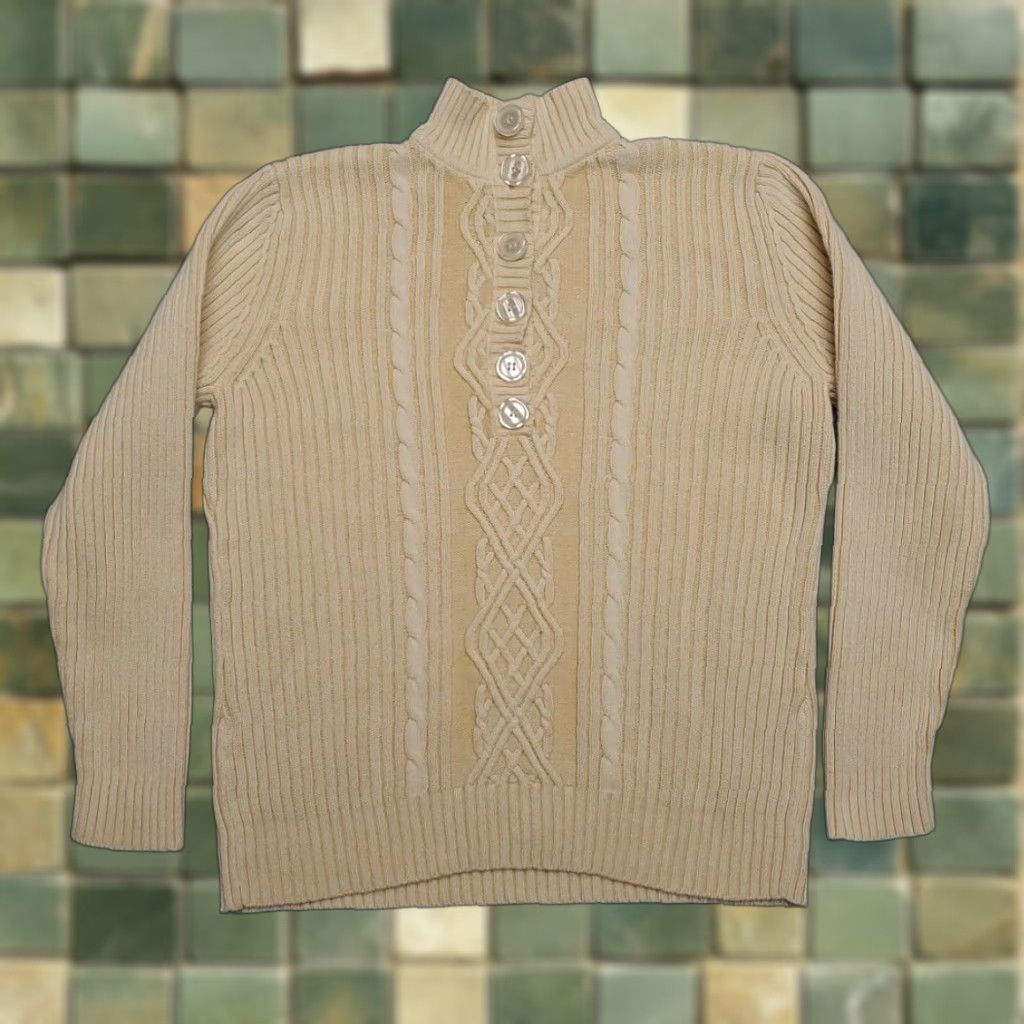 Vintage VINTAGE Karen Scott Sweater Womens M Yellow 100% Cotton Henley Button Top Retro Classic Knit Cable-Knit Womens Size M / US 6-8 / IT 42-44 - 1 Thumbnail
