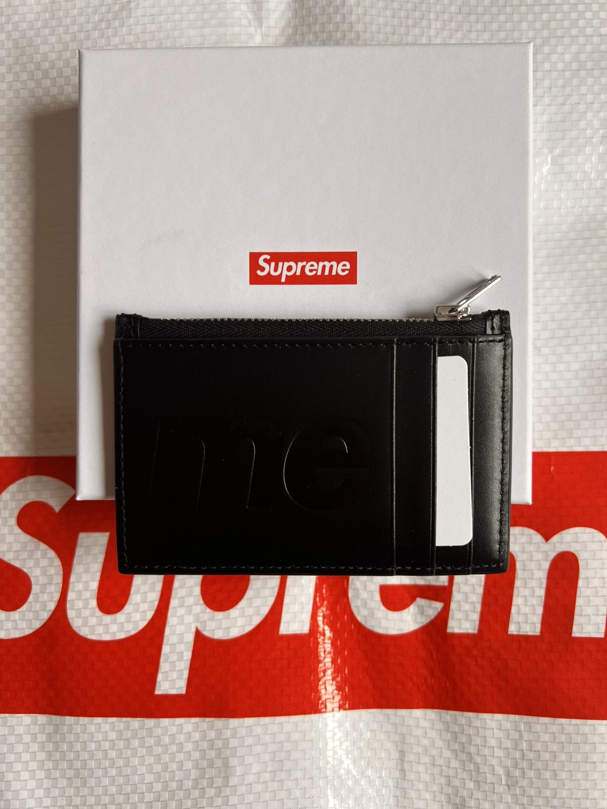 SUPREME Leather zip card holder Wallet black calfskin logo