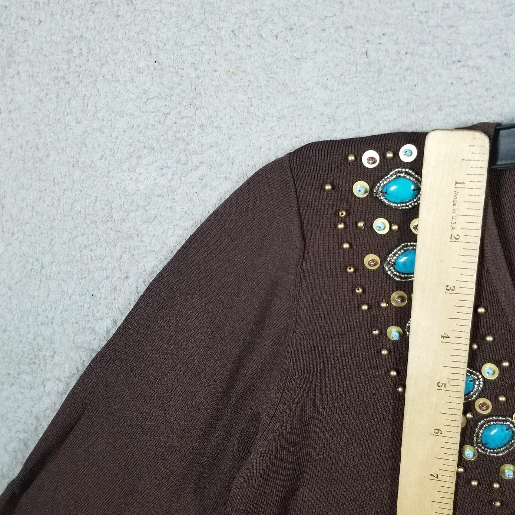 Vintage VINTAGE Joseph A. Petite Sweater Women’s M 3/4 Sleeve Brown Turquoise Jewel Studded Embellished Knit Pullover Ladies Meters? Size M / US 6-8 / IT 42-44 - 4 Thumbnail