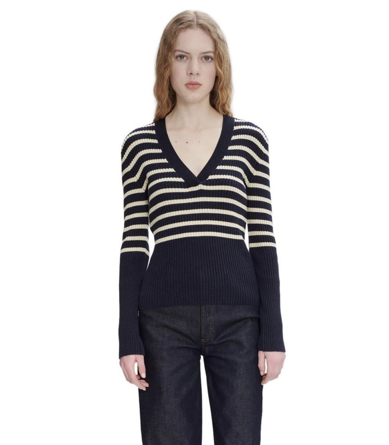 A.P.C. A.P.C. Women's V-Neck Sweater in Dark Navy and Ecru Stripes Size XS / US 0-2 / IT 36-38 - 1 Thumbnail