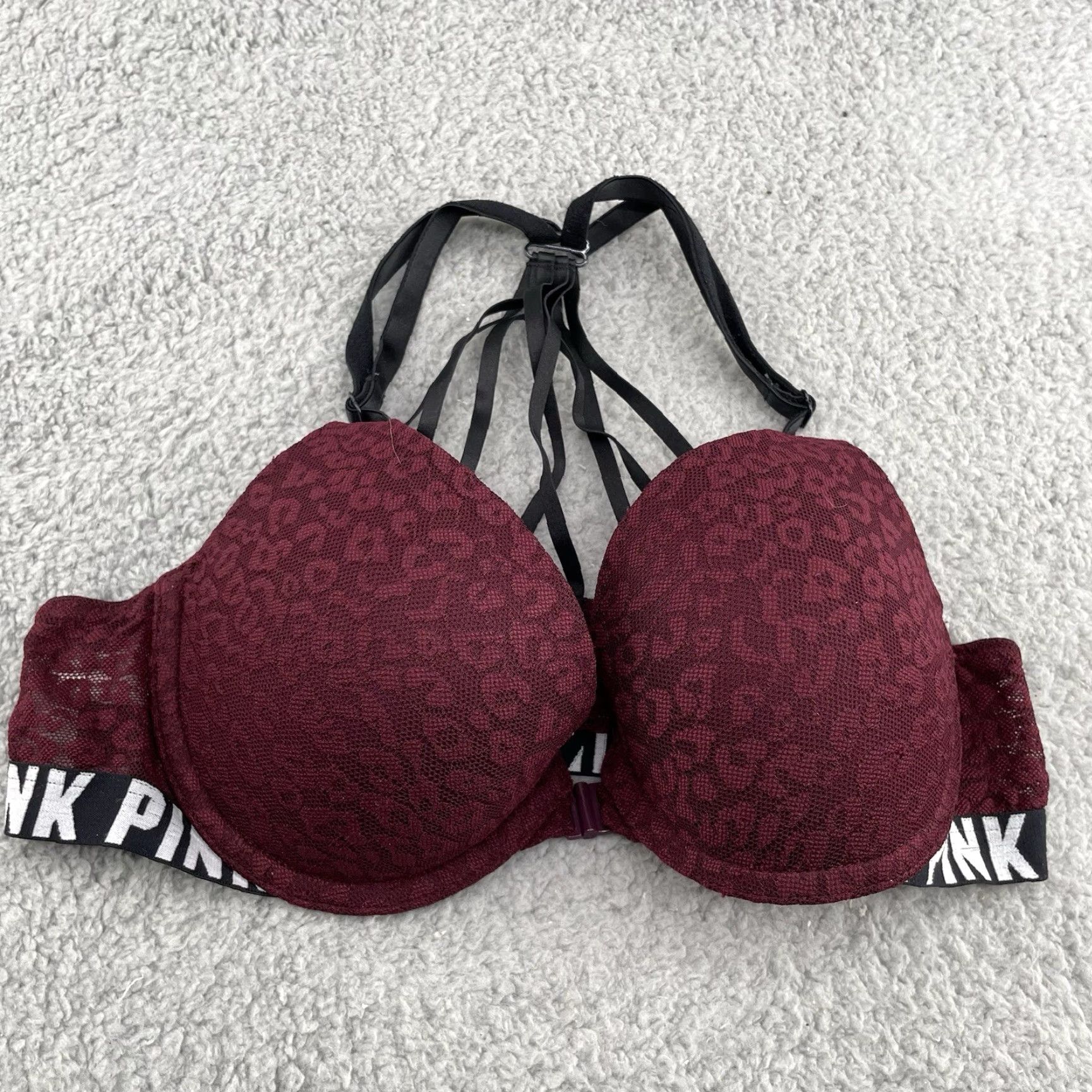 Victoria's Secret VINTAGE Victoria's Secret Sport Push Up Bra Womens 34B Burgundy Floral Lace Underwire Size ONE SIZE - 2 Thumbnail