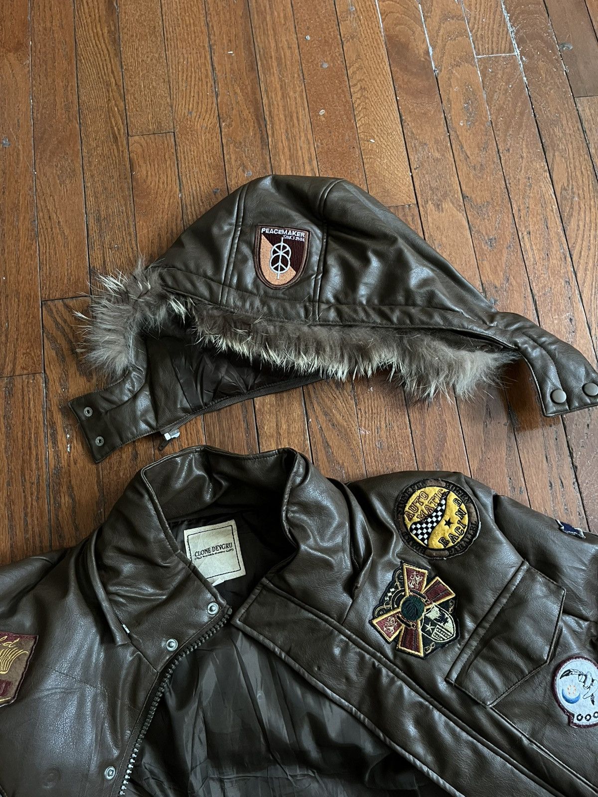 Japanese Brand Brown leather bomber/parka fur, patches Size US M / EU 48-50 / 2 - 13 Thumbnail
