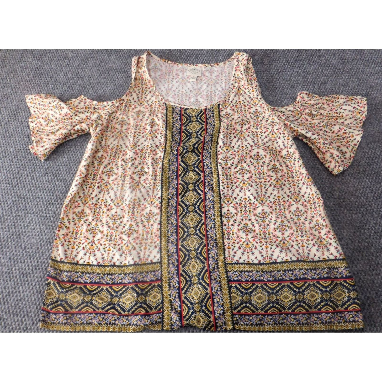 Vintage St. John's Bay Blouse Womens XL Beige Stripe Short Sleeve Off The Shoulder Knit Rayon Stretch Classic Casual Floral Pattern Beiges Women Regular Size XL / US 12-14 / IT 48-50 - 2 Thumbnail