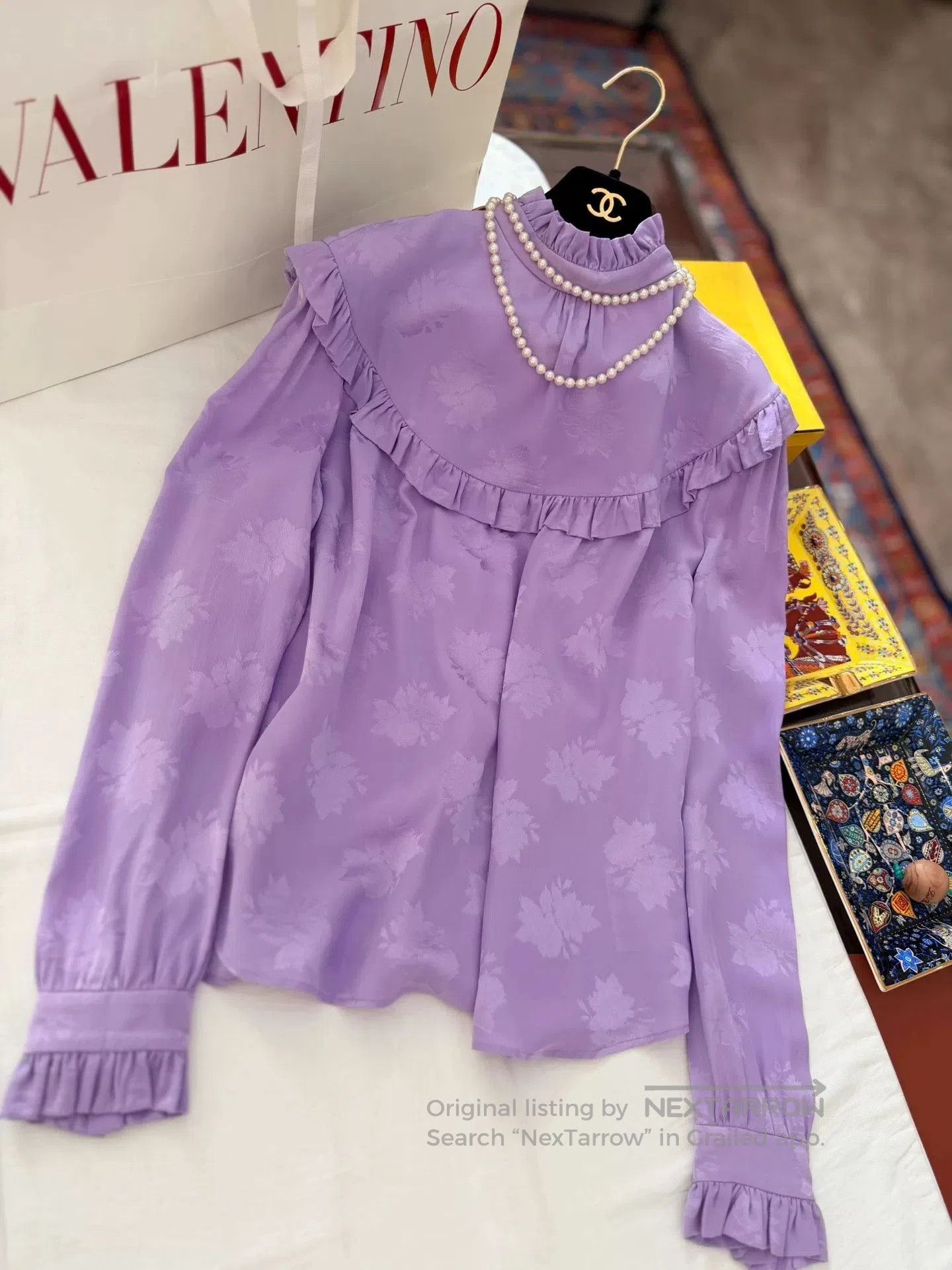 Saint Laurent Paris YSL Purple Floral Ruffled Silk Blouse. Size M / US 6-8 / IT 42-44 - 2 Thumbnail