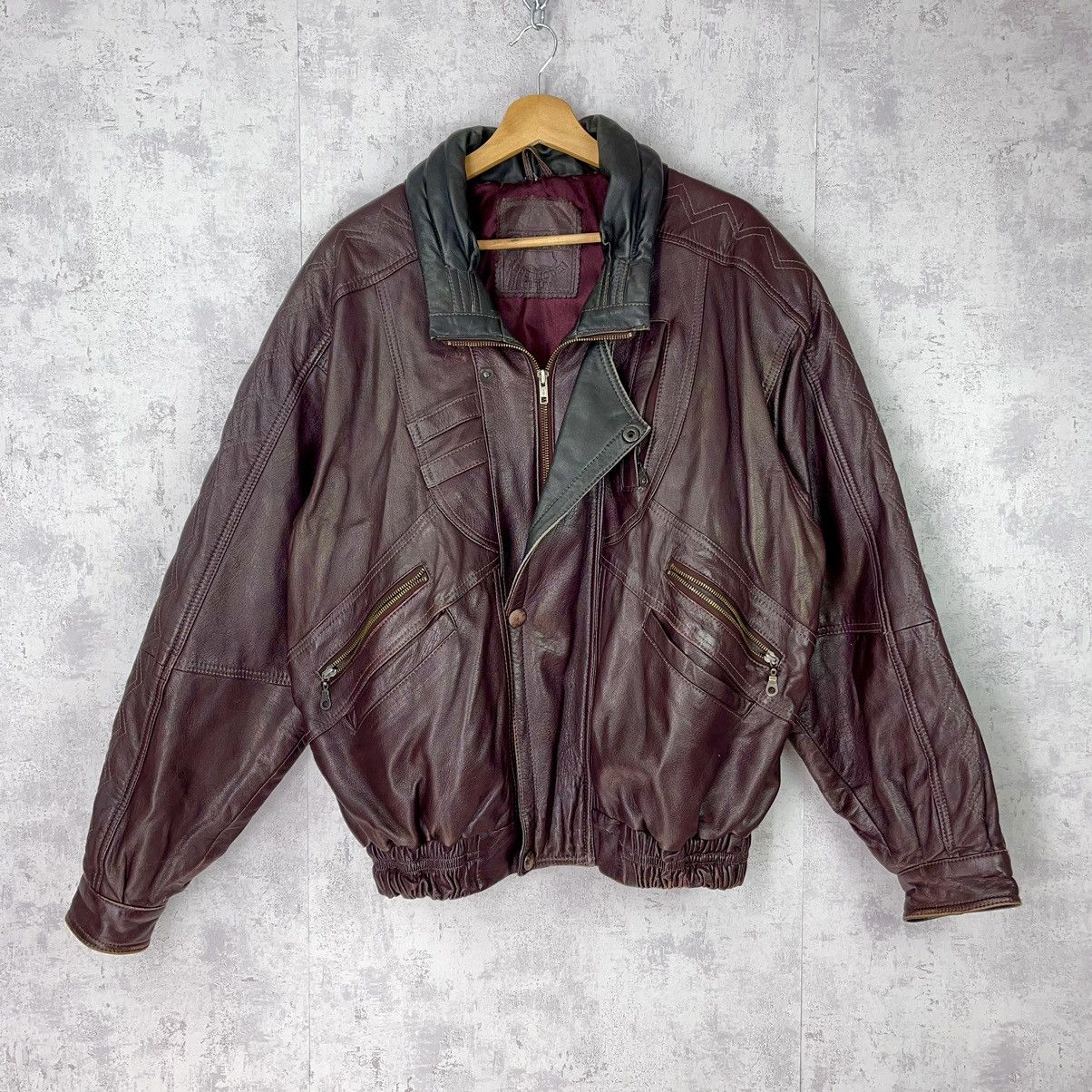 image of Avant Garde x Leather Jacket Vintage Leather Jacket Bomber 90's Burgundy Boxy Oversize (Size XL)