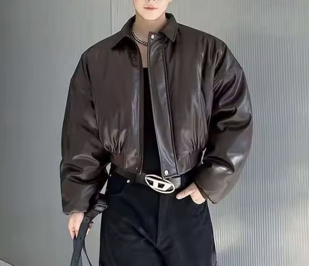 Japanese Brand CROPPED Vegan Leather Bomber Jacket - Boxy Streetwear Puffer Size US M / EU 48-50 / 2 - 9 Thumbnail
