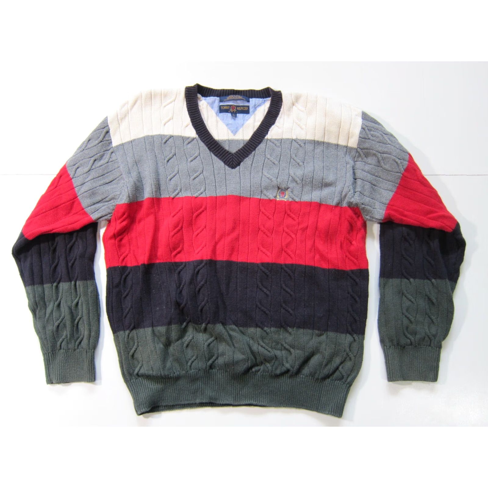 Tommy Hilfiger VINTAGE Tommy Hilfiger Golf 100% Cotton Grey Red Green Stripe Knit V-Neck Sweater Men L Size US L / EU 52-54 / 3 - 7 Thumbnail