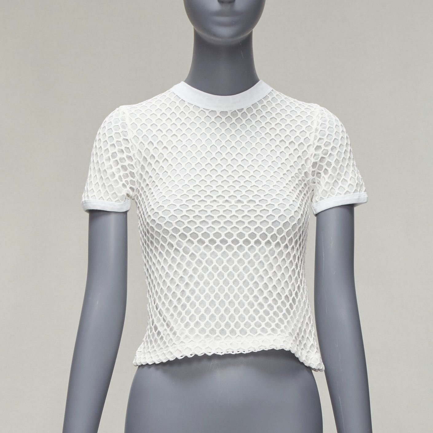 T by Alexander Wang T ALEXANDER WANG white cotton net overlay crew neck fitted top XS Size S / US 4 / IT 40 - 1 Thumbnail