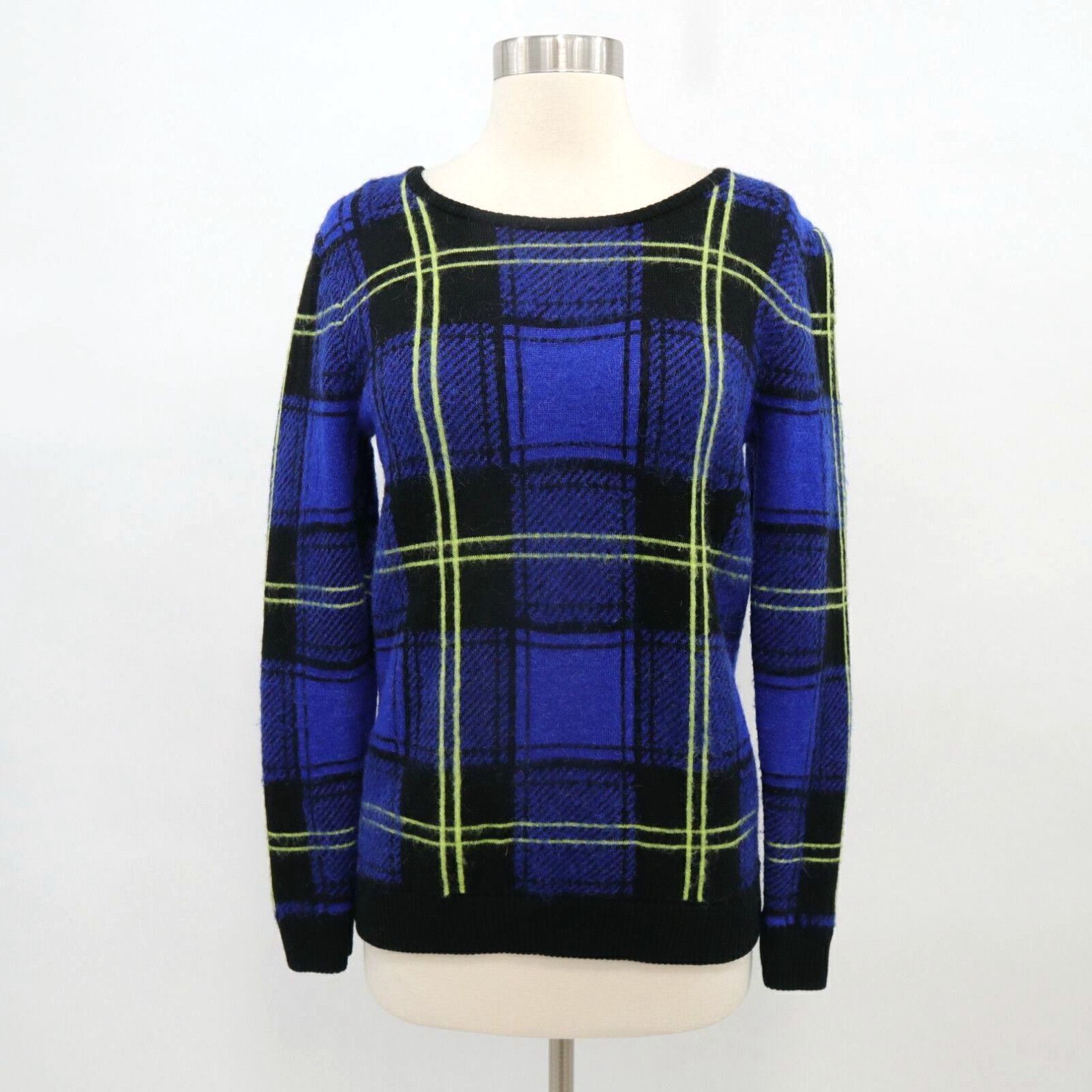 image of Milly Sweater Pullover Wool 0-2 P Plaid Blue Black Yellow Crew Neck Mohair in White, Women's (Size 