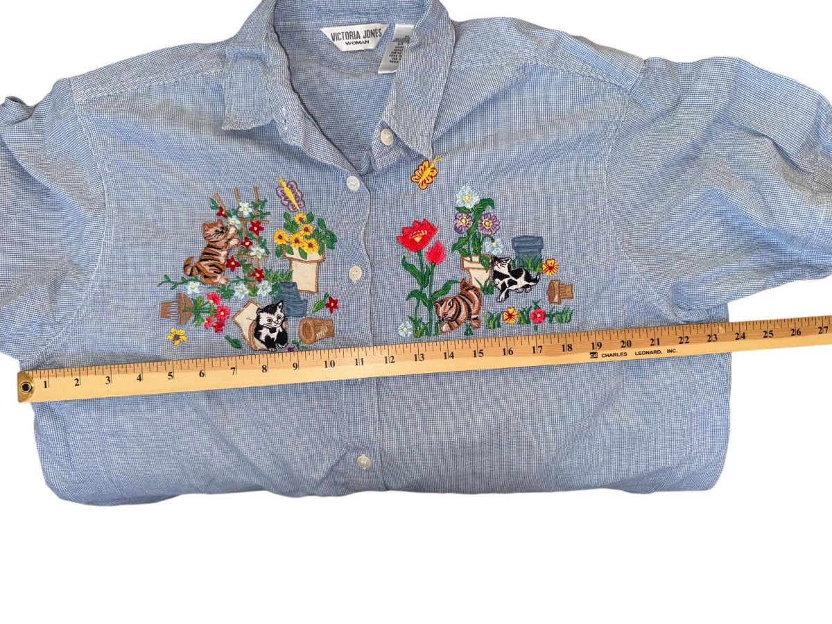 Vintage VTG 90s Victoria Jones embroidered kitty and spring flowers Size XL / US 12-14 / IT 48-50 - 8 Thumbnail