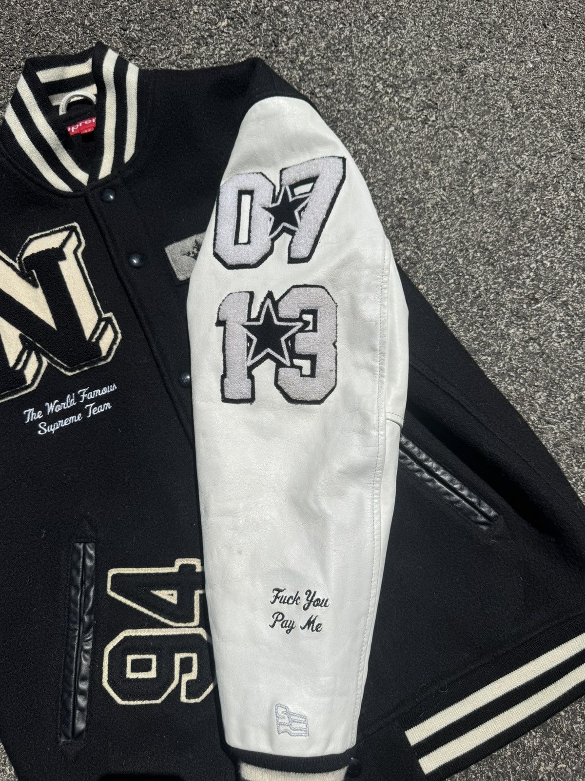 Supreme Supreme FW/06 “Fuck You Pay Me” Leather Varsity Team Jacket Size US M / EU 48-50 / 2 - 3 Thumbnail