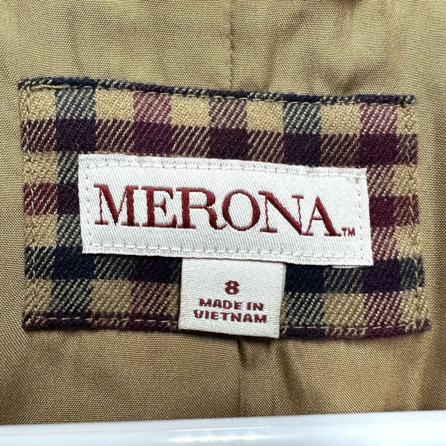 Merona Merona Blazer Womens 8 Maroon Beige Gingham Plaid One-Button Single-Breasted Jacket EUC Size M / US 6-8 / IT 42-44 - 3 Thumbnail