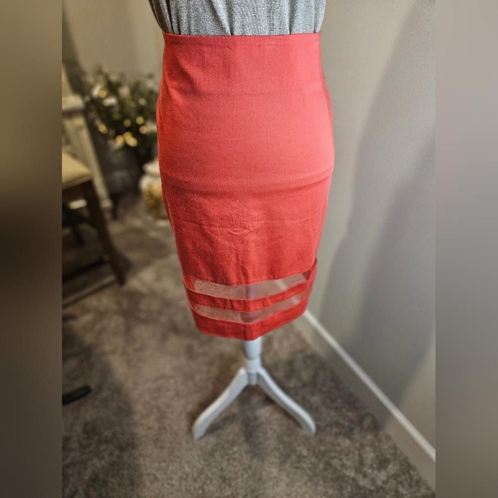Designer BelloGante High-Waisted Coral Pencil Skirt with Sheer Strips Size 32" / US 10 / IT 46 - 1 Thumbnail