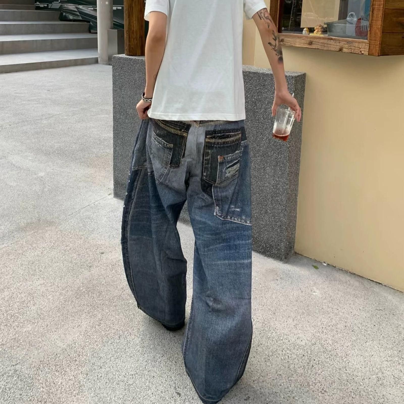 Japanese Brand Blue Distressed Baggy Wide Leg Jeans, Vintage Style Denim Size US 30 / EU 46 - 4 Thumbnail