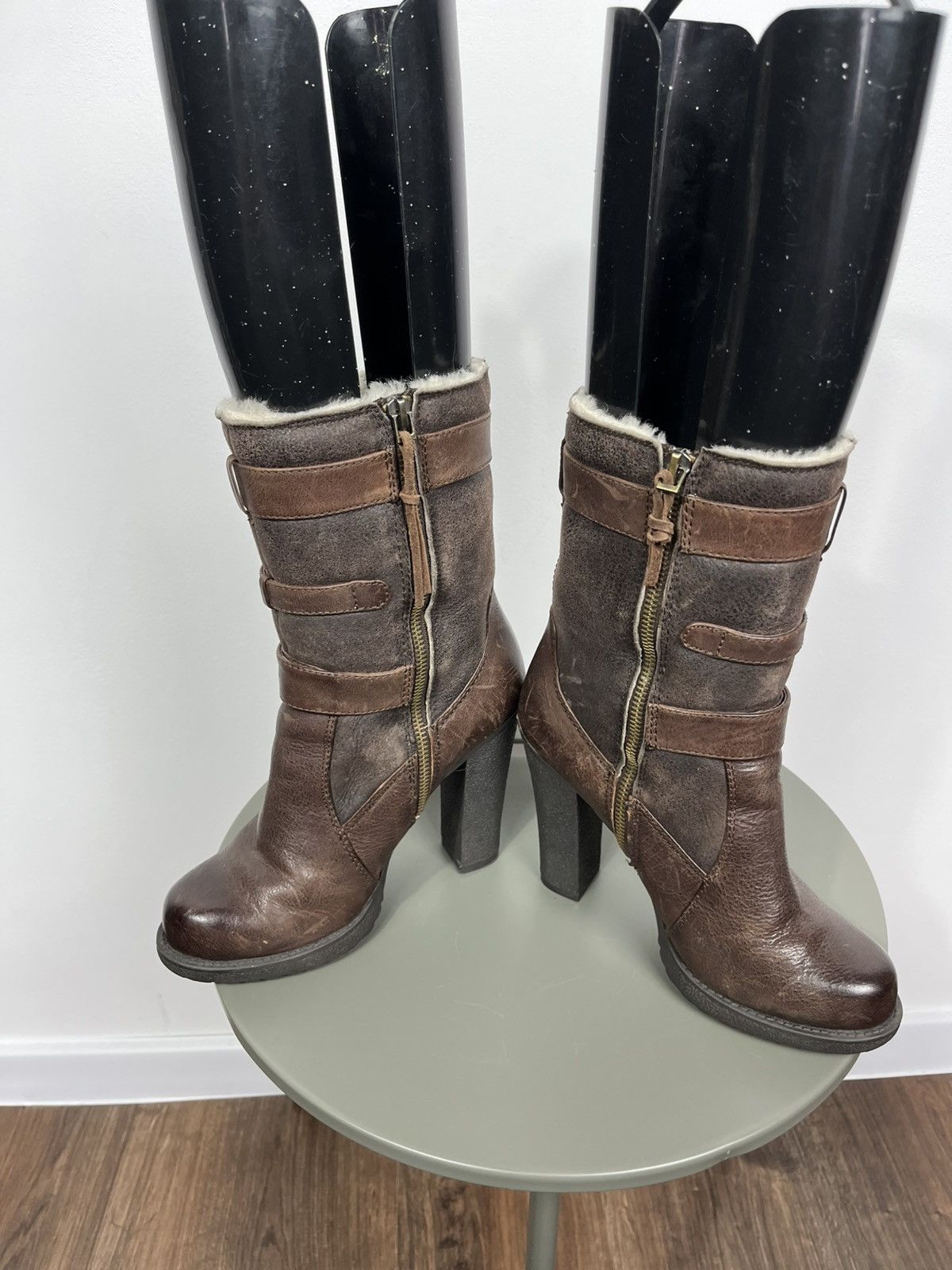 Other Women Brown Leather Buckle High Heel Boots Shearling EU 38 Size US 7 / IT 37 - 8 Thumbnail
