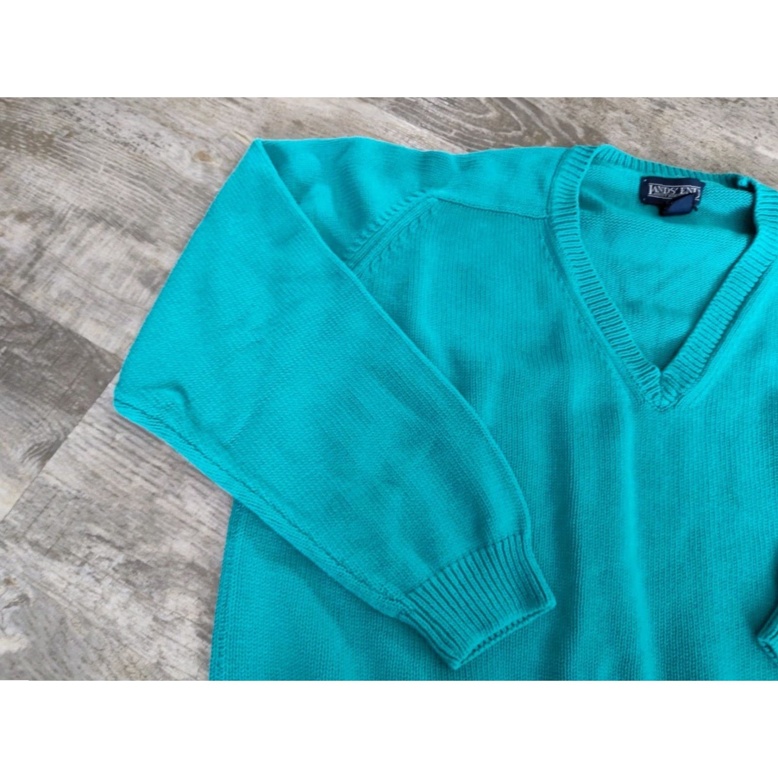 Lands' End VINTAGE Lands' End Women's Sweater Pullover V-Neck Blue 100% Cotton Fall Winter Spring Casual Size L / US 10 / IT 46 - 4 Thumbnail