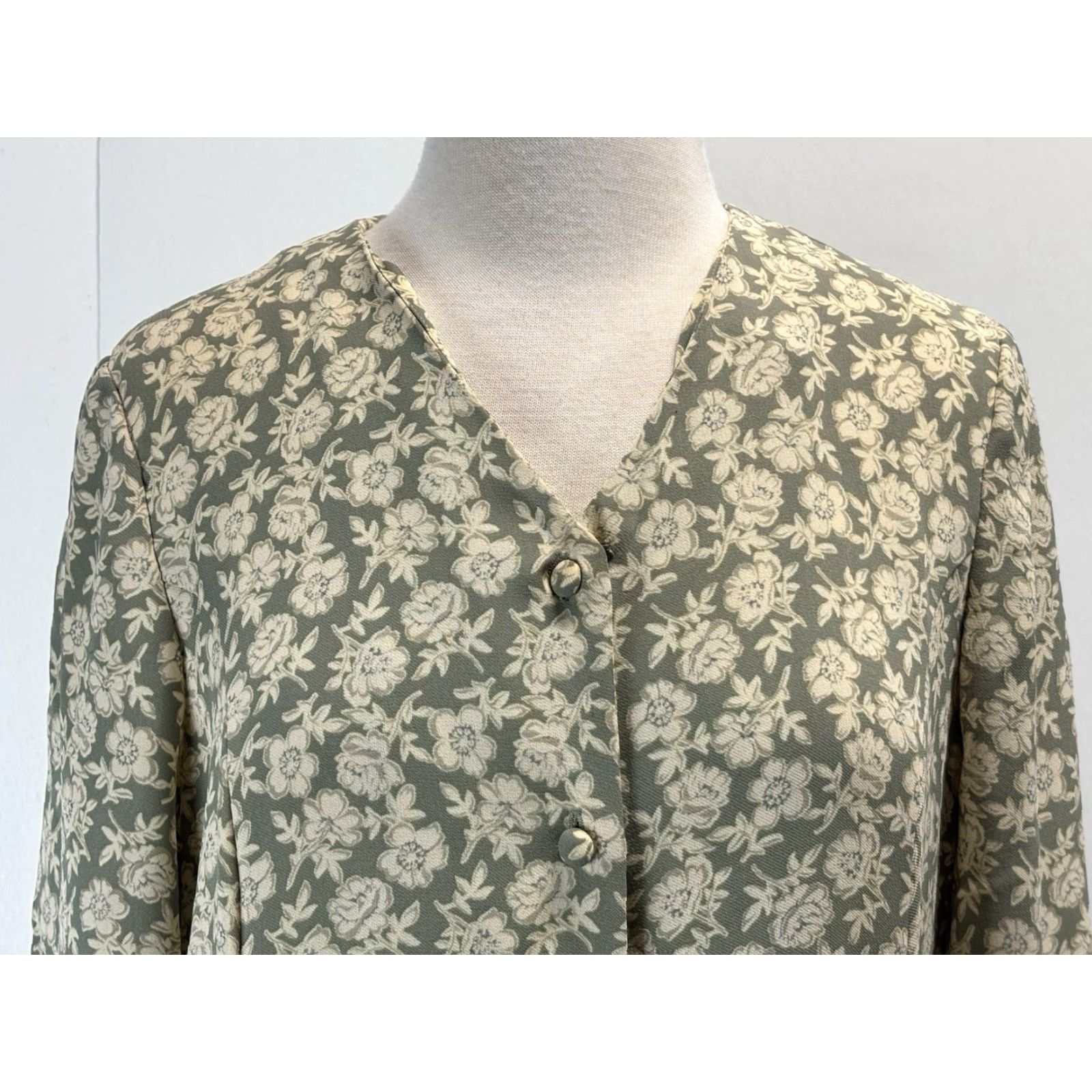 Vintage VINTAGE Adrienne Vittadini Floral Maxi Dress Sz 12 Sage Green & Cream Long Sleeve Button Front 90s Womens Size XL / US 12-14 / IT 48-50 - 5 Thumbnail