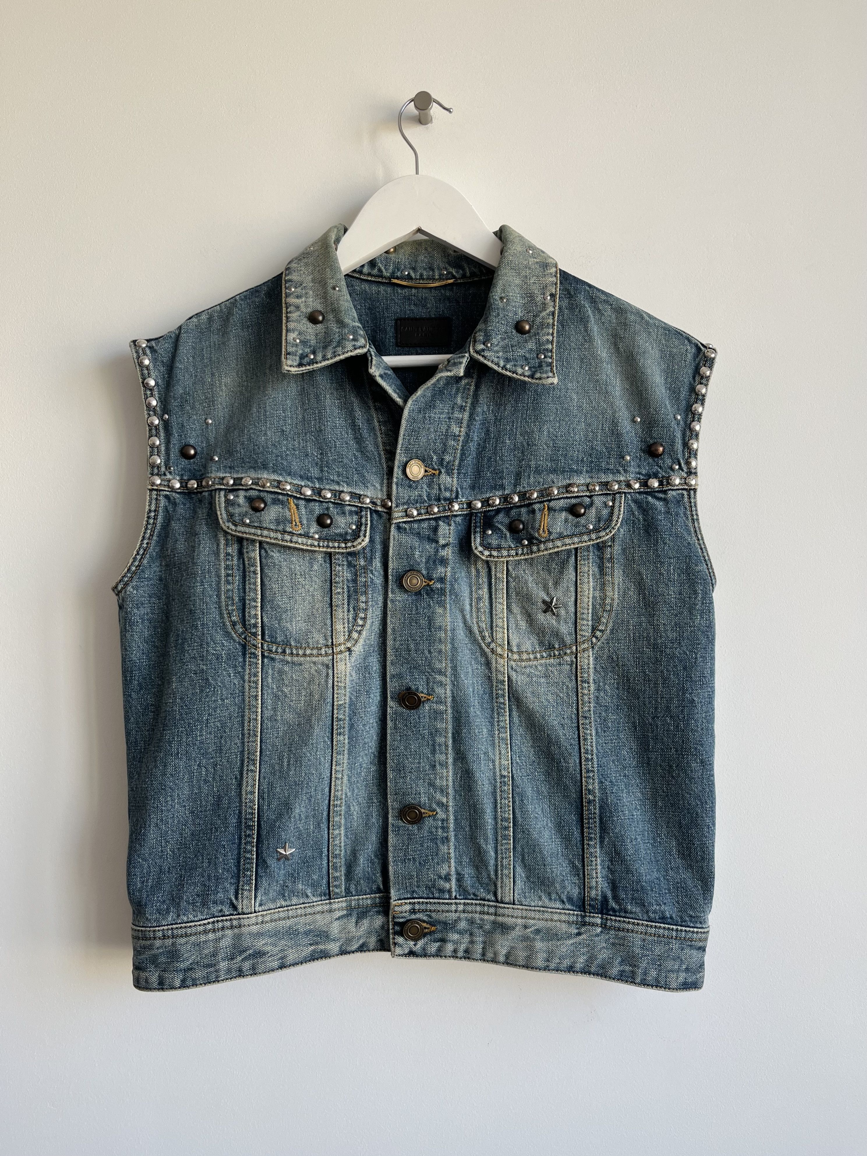 Hedi Slimane × Saint Laurent Paris SS16 Saint Laurent Studded Denim Vest Size L / US 10 / IT 46 - 2 Thumbnail