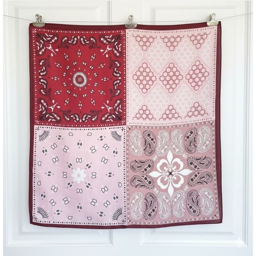 Other Luxury Silky Square Scarf Bandana Burgundy Geometric Patchwo Size ONE SIZE - 3 Thumbnail
