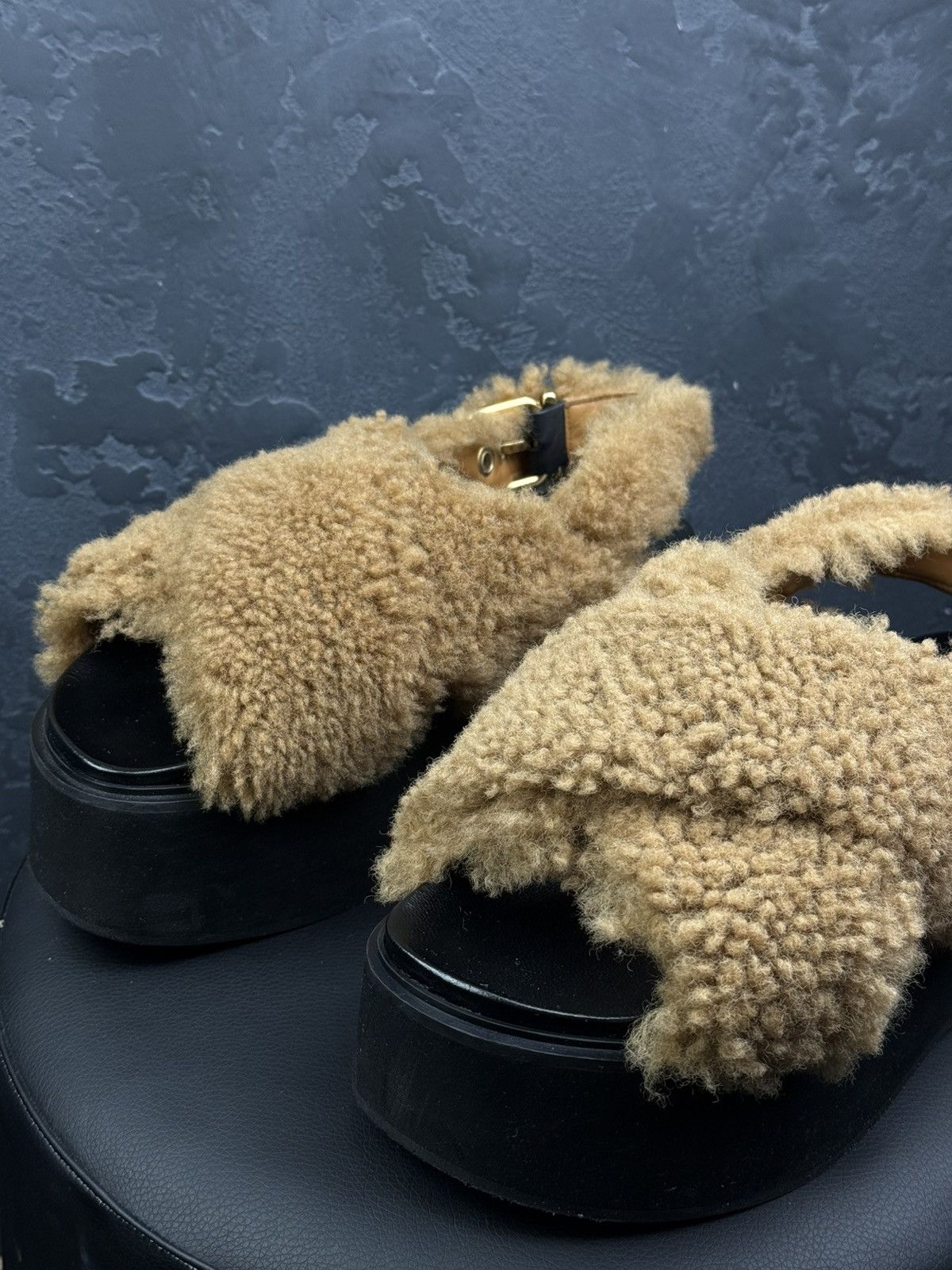 Marni Marni Beige Shearling Fussbett Shoes Black Rubber Platform Size US 10 / IT 40 - 3 Thumbnail