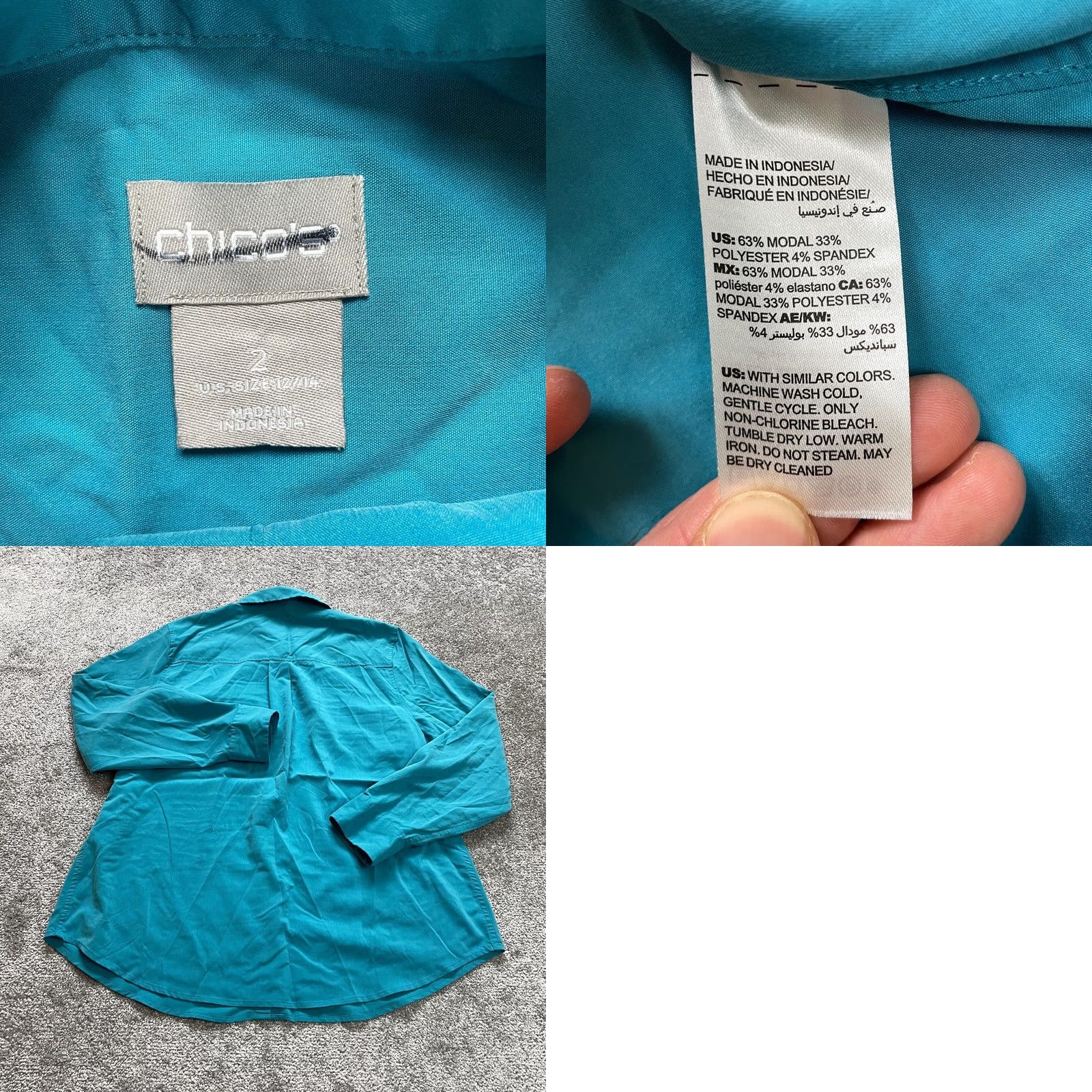 Vintage Chico's Button Up Blouse Shirt Womens 12 Teal Blue Casual Sleeve Collared Knit Modal Polyester Spandex Stars Pockets Vintage No Size XL / US 12-14 / IT 48-50 - 8 Thumbnail