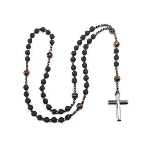 Vintage Natural Lava Stone Tiger-eye Hematite Cross Pendant Necklace Size ONE SIZE - 3 Thumbnail