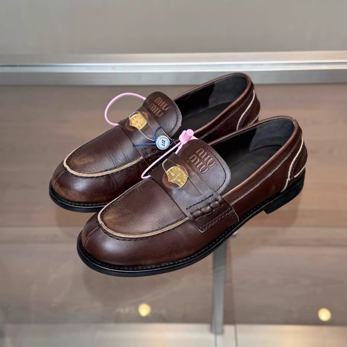 Miu Miu Miu Miu Brown Distressed Gold Coin Loafer 38.5 Size US 8 / IT 38 - 1 Thumbnail