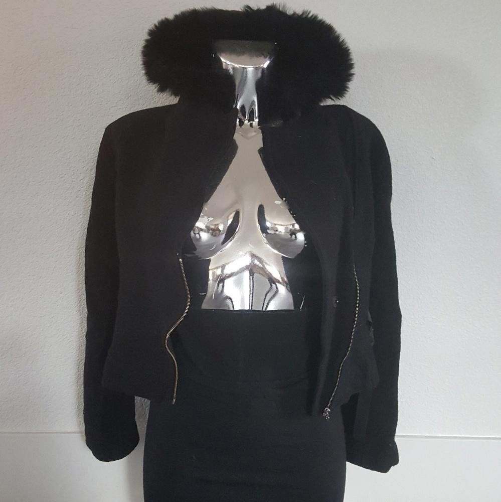 Designer Black Hood D12 Wool Cropped Moto Jacket Size S / US 4 / IT 40 - 1 Thumbnail