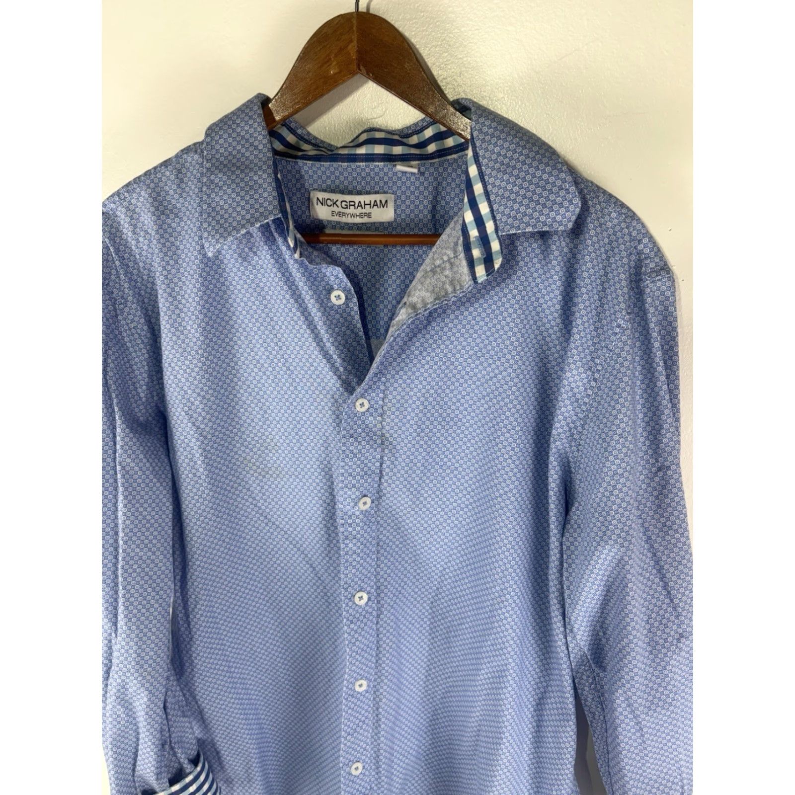 Vintage VINTAGE Nick Graham Everywhere Men's Dress Shirt XL Blue/White Geometric Pattern Business Casual Stretch Modern Fit Size 46R - 2 Thumbnail